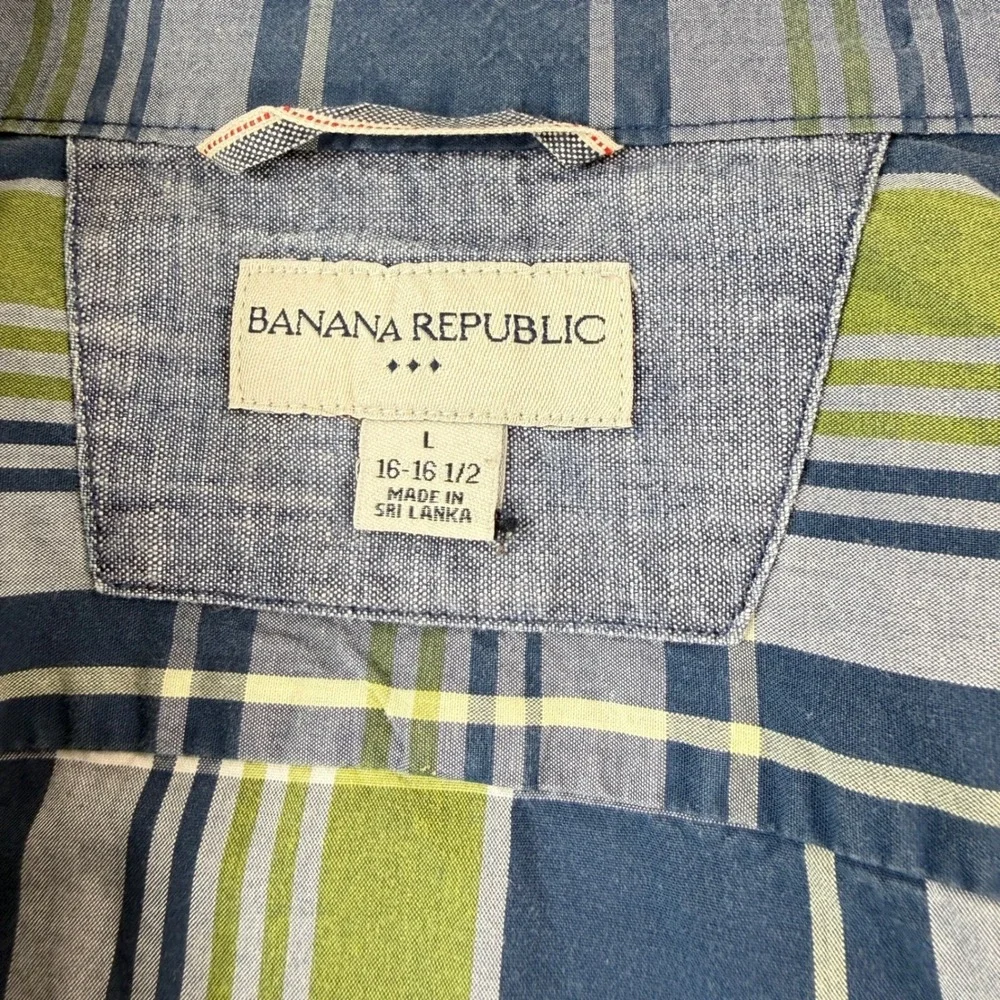 Banana Republic Men L Button Up Long Sleeve Shirt Blue Green Plaid Classic Prep